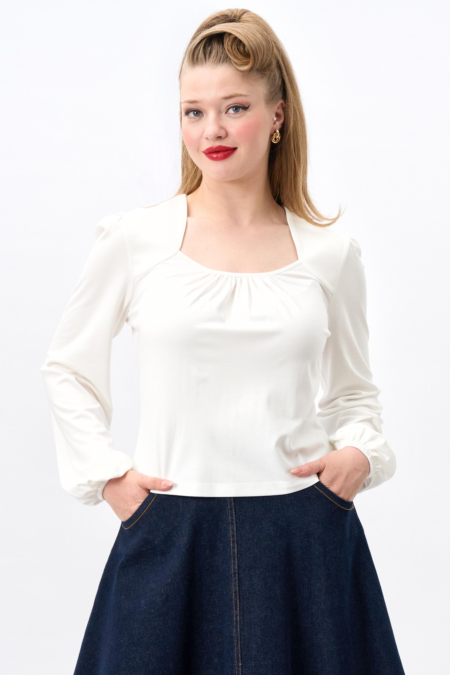 Leslie White Balloon Sleeve Jersey Top