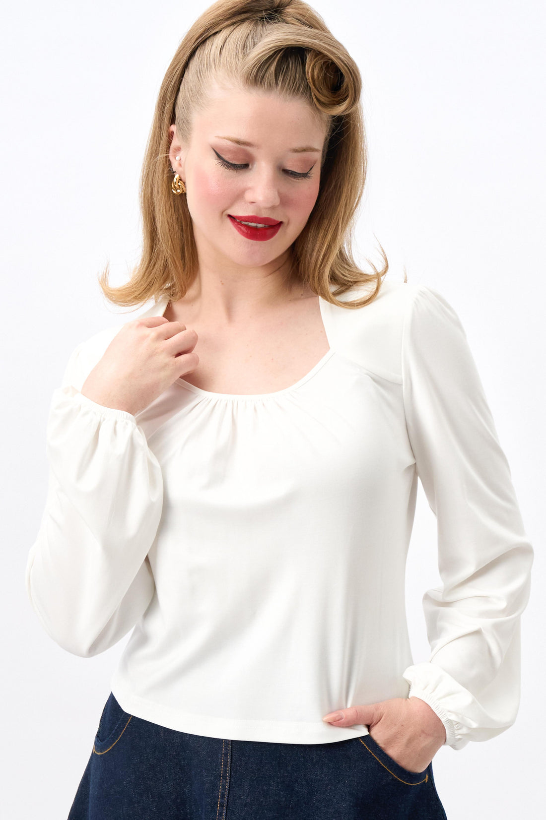 Leslie White Balloon Sleeve Jersey Top