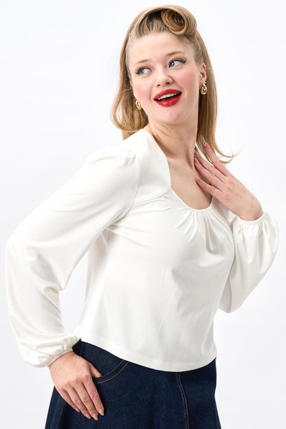 Leslie White Balloon Sleeve Jersey Top