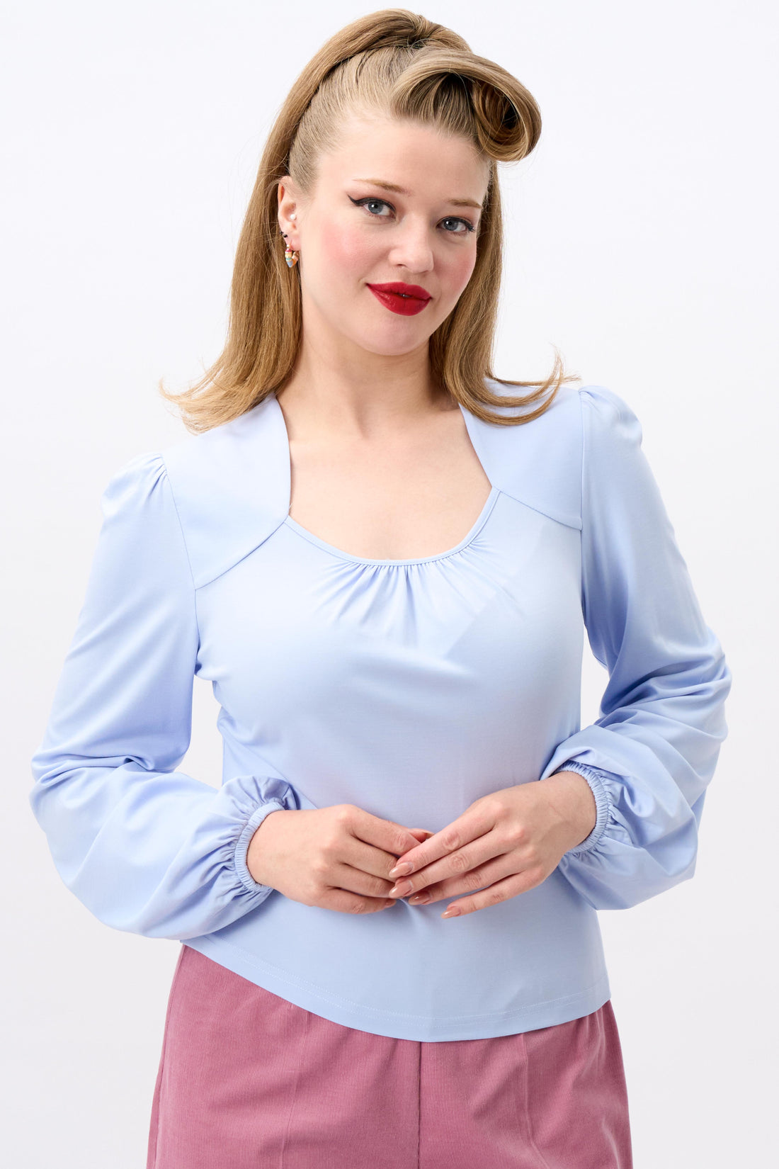 Leslie Blue Balloon Sleeve Jersey Top