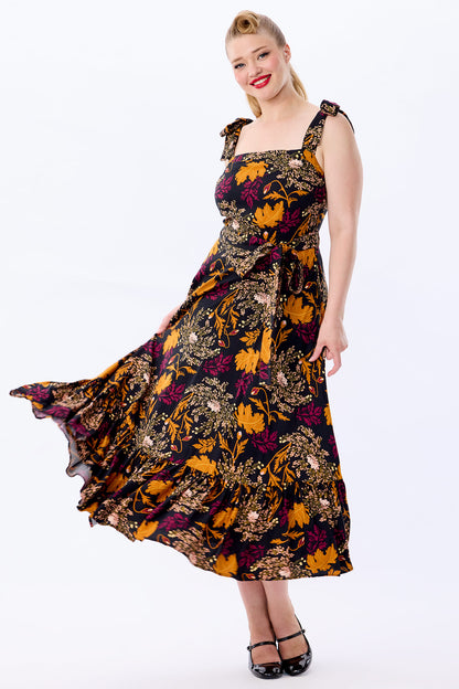 Katrina Gold Leaf Flared Maxi Dress