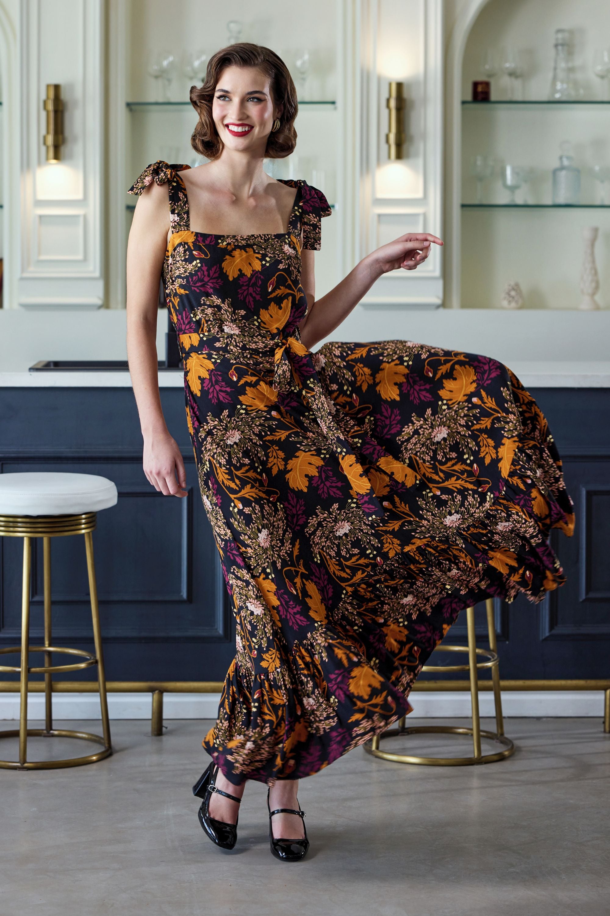 Katrina Gold Leaf Flared Maxi Dress